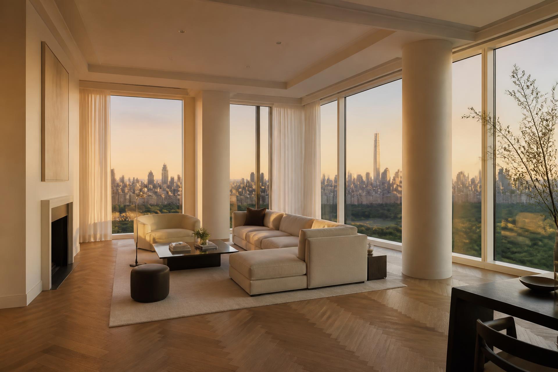 A serene Manhattan living room overlooking Central Park at golden hour